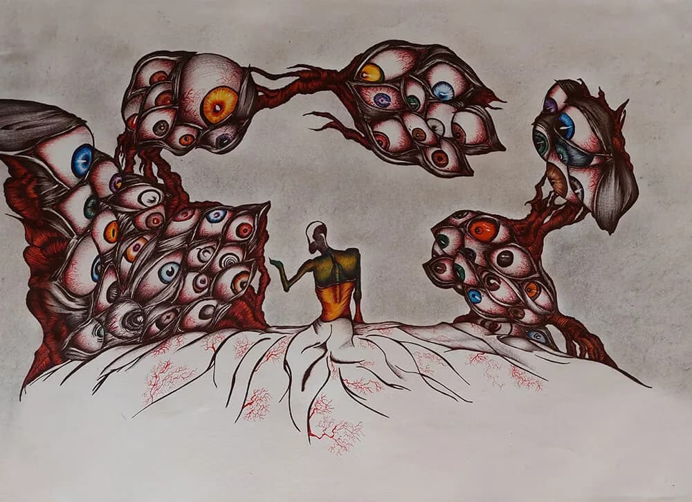 Testigos (2024) — obra original en bolígrafo · lápices de colores sobre papel A4, Manuel García